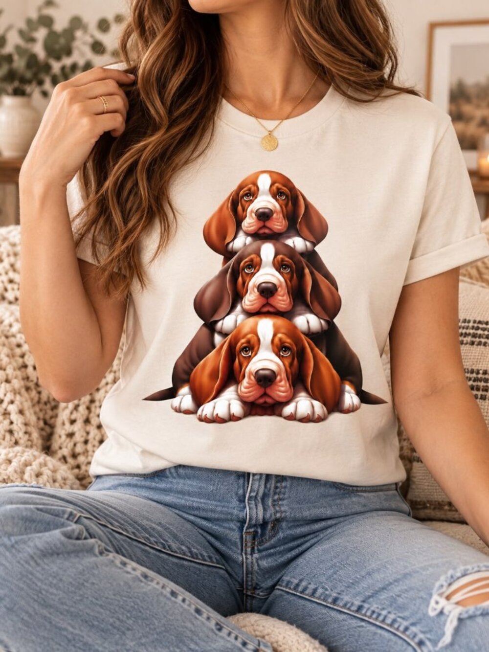 Women’s Natural T-Shirt Cute Puppy Print Dog Lover Casual Tee